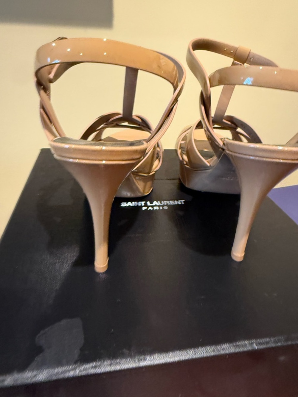 YSL Nude Patent Platform T-Strap High Heel Sandals - Picture 8 of 12